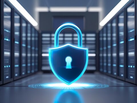 Digital padlock icon glowing in modern data center. Concept of cybersecurity, data protection, secure network, and cloud security technology in futuristic server room.