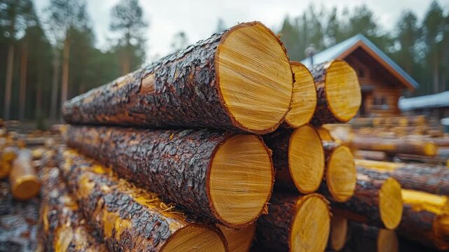 Stacked logs in a forest with lumber mill in background