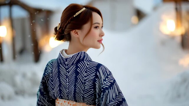 女性がはにかむ矢絣浴衣と雪明かり