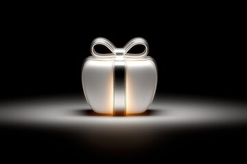 Glowing gift box in a minimalist dark scene, softly illuminated with a warm ambiance, perfect for holiday celebrations and festive occasions