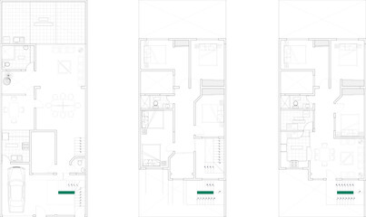 Set of architectural vector floor plans for residential houses, showing rooms, furniture layout, walls, and basic spatial design.