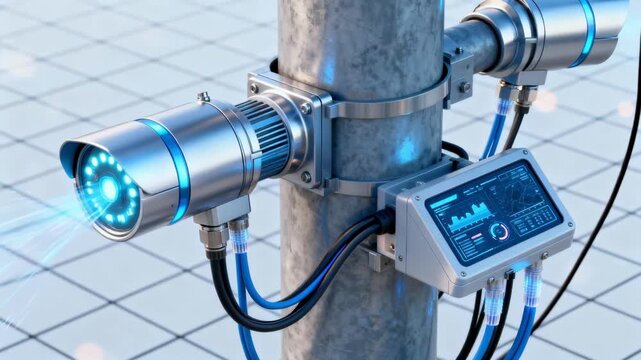 Closeup of AI sensors and data nodes on electrical grid infrastructure illustrating proactive fault diagnosis through continuous monitoring.
