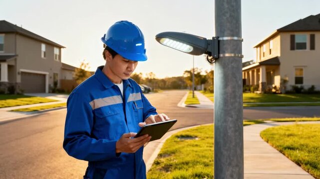 Engineer inspecting smart streetlight sensors on residential neighborhood road ensuring optimal energy use and brightness.