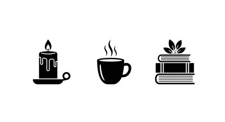 Cozy icons: candle, coffee cup, and books silhouettes for relaxation themes