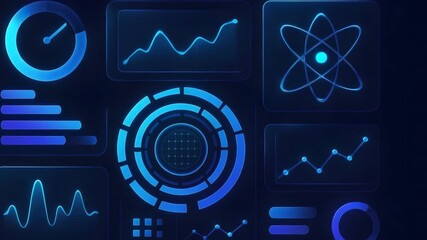 A collection of modern digital interface elements showcasing data analytics, graphs, and scientific symbols in a blue theme. - Powered by Adobe