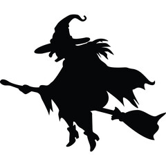 Silhouette of a Witch Flying on a Broomstick Against a White Background