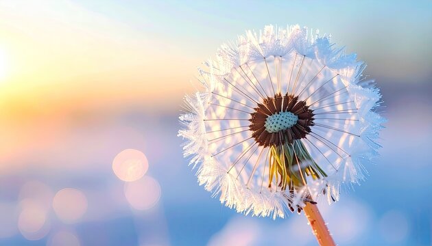 Close up of a white dandelion seed head covered in frost with a soft golden sunrise and blurred blue and purple background showing bokeh lights