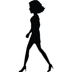 Silhouette of a Woman Walking Confidently Wearing a Short Dress and High Heels with a Transparent Background