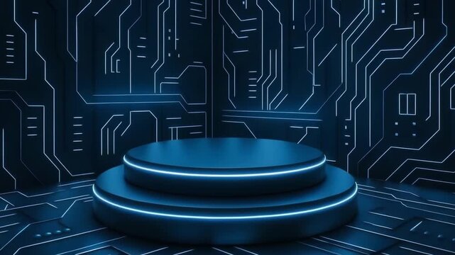 Futuristic blue podium with circuit board design, ideal for showcasing products or presentations in a tech environment.