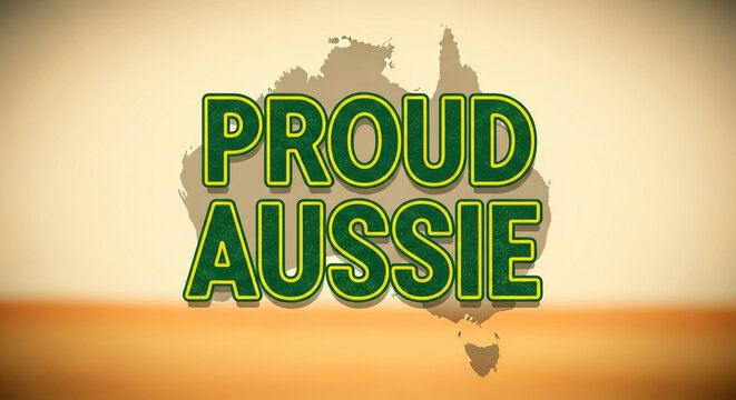 Proud Aussie graphic design featuring stylized text overlaid on Australia map silhouette. This proud Aussie design evokes patriotism and national pride with vibrant colors.