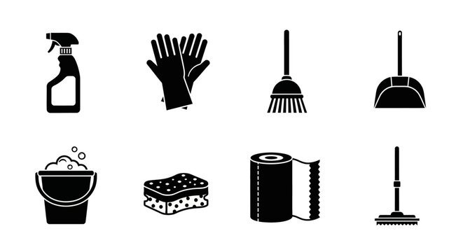 Essential cleaning tools icons set in black and white silhouette style