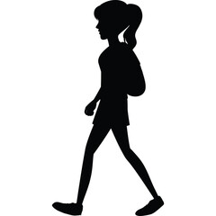 Silhouette of a Young Woman with a Ponytail Wearing Shorts and a Backpack Walking Forward on a Transparent Background