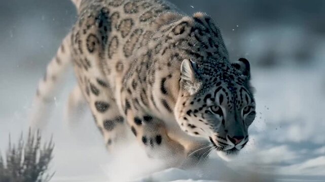 Snow leopard standing on a rocky outcrop in a mountainous winter landscape Horizontal