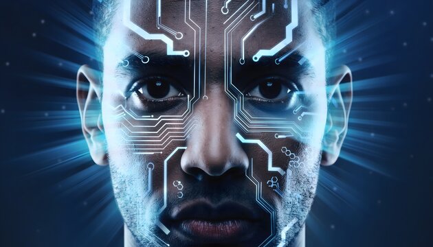 Man with Digital Face and Circuits - Powered by Adobe