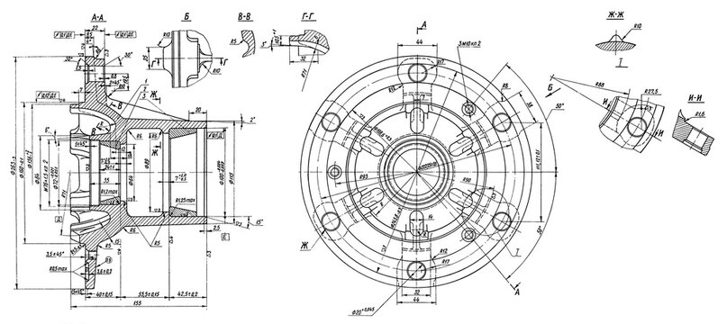 Assembly drawing of hub truck wheel. Engineering automotive mechanical blueprint of steel device. Industrial cad scheme on paper sheet. Technology design of machine building industry. 