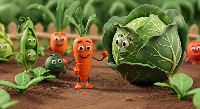 A charming digital artwork meticulously replicating the style of stop-motion claymation, depicting a miniature scene in a vegetable garden populated by whimsical, anthropomorphic vegetable characters.