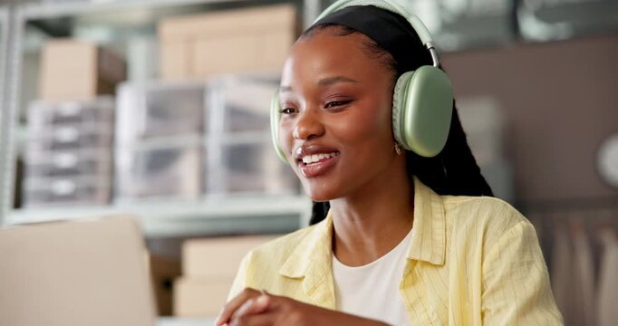 Video call, laptop and courier with black woman and headphones for ecommerce order, delivery confirmation and wave. Supplier checklist, virtual chat and distribution logistics with person in factory