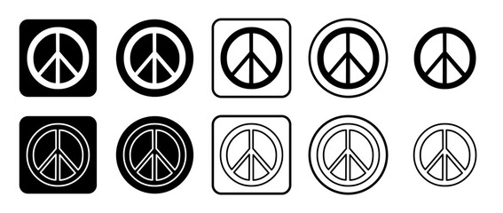 Icon set of peace symbol. Filled, outline, black and white icons set, flat style.  Illustration on transparent background