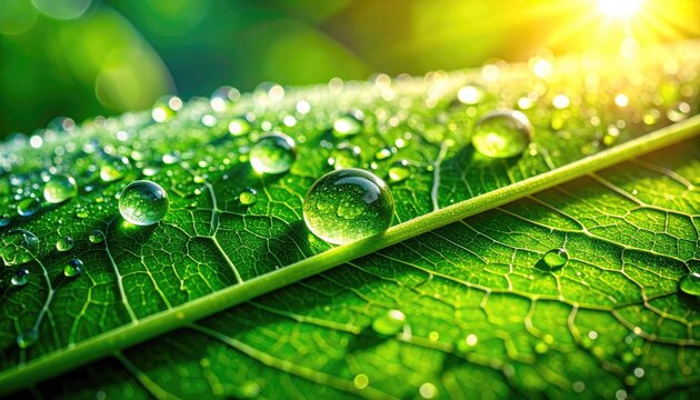Close-up macro photograph of vibrant green leaf surface covered in numerous glistening dew drops reflecting bright golden sunlight and soft bokeh background - Powered by Adobe