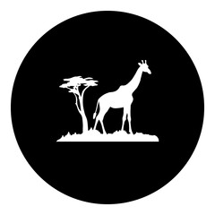 A giraffe symbol in the center. Isolated white symbol in black circle. Illustration on transparent background
