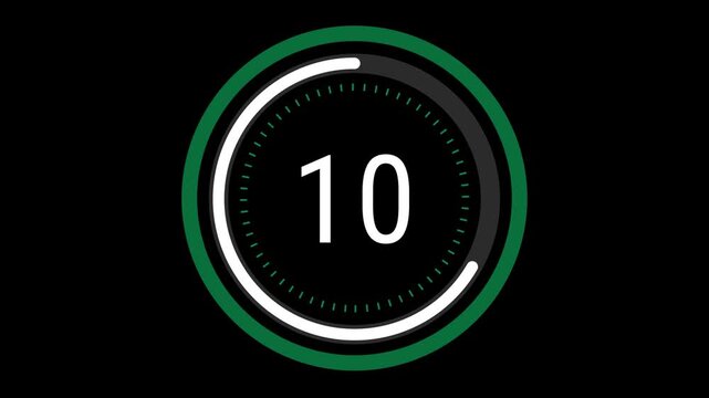 15-second sleek green and white countdown with a rotating dashed inner ring, a pulsating outer circle, and a decreasing time gauge on a black background. 4K Motion Graphics.