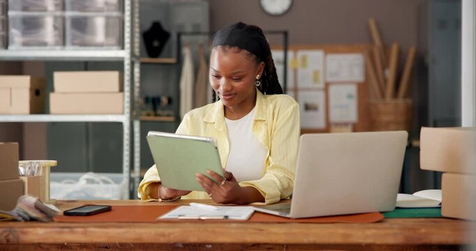 Ecommerce, woman or happy with tablet in small business for fashion sales, stock update or planning. Online shop, black person or digital app for inventory management or virtual boutique dropshipping