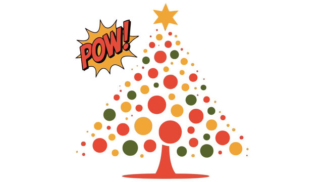 Whimsical christmas tree decorated with colorful circles and a comic book pow explosion