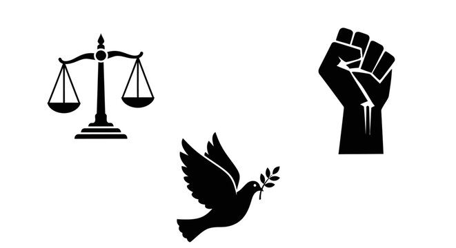 Symbols of peace, justice, and unity: dove with olive branch, scales, and raised fist silhouettes