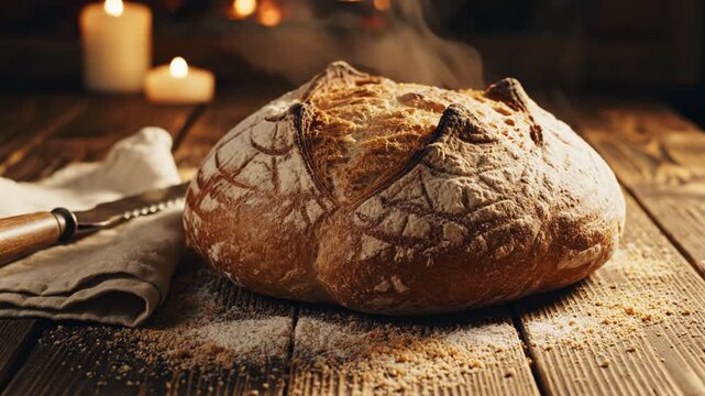 Warm Rustic Bread Baked to Perfection on Wooden Table, Surrounded by Candlelight, Featuring Golden Crust and Inviting Texture for Ultimate Comfort and Cozy Ambiance