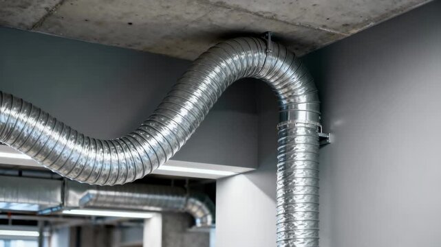Medium shot capturing flexible HVAC ductwork installation highlighting bendable tubes adapting to complex architectural layouts