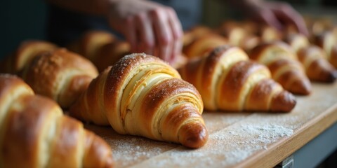 Traditional French croissant making with visible butter layers, natural light, artisanal baking process