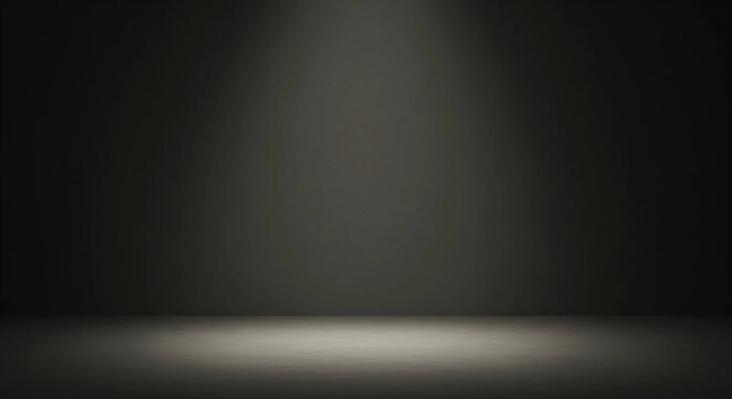 Spotlight on darkened stage room creates dramatic effect for presentations, theater productions, event promotions, storytelling backgrounds, and theatrical concepts.