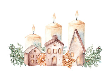 Watercolor Christmas Advent Composition. Third Advent. Candles with Ceramic houses in Fir Branches and eucalyptus. Orange slice and Winter berries. Cozy home decoration in Rustic style. Hand drawn