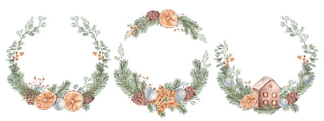 Watercolor Christmas Wreaths, round frames set. Winter plants and dry orange slices, Fir Branches, Eucalyptus and Pine Cones decorated with Ceramic hous. Botanical illustration in scandi style. For