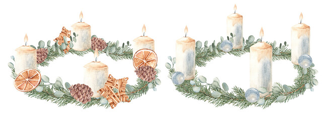 Christmas Advent Wreaths set with burning Candles. Winter plants and Christmas toys. Fourth Advent. Hand drawn Illustration in vintage style isolated on background. For Cards, Invitations and prints.