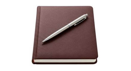 Elegant Close up Notebook with Brown Leather Cover and Silver Pen