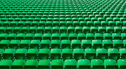 Rows of empty green stadium seats ready for a sporting event or concert