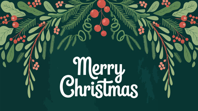 Elegant merry christmas greeting with festive green foliage and red berries on a dark teal background