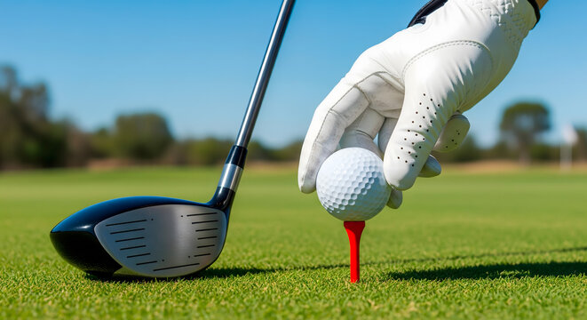 Golfer placing a golf ball on a tee before a drive on a sunny day