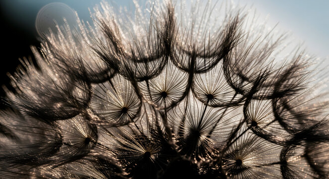 Close-up of a dandelion seed head with delicate, feathery details