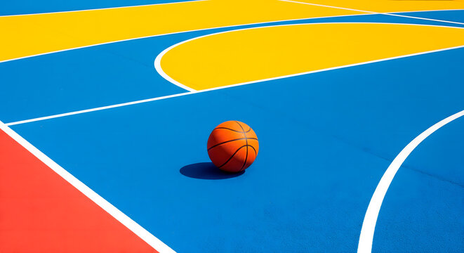 Basketball on a colorful court with vibrant blue, yellow, and red sections