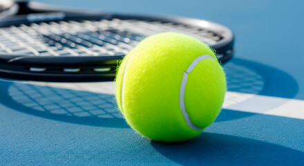 Tennis ball and racket on a blue court, ready for a match