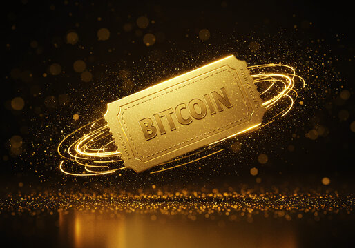 Golden bitcoin ticket with swirling lights suitable for cryptocurrency events, financial blog posts, technology presentations, and digital marketing materials.