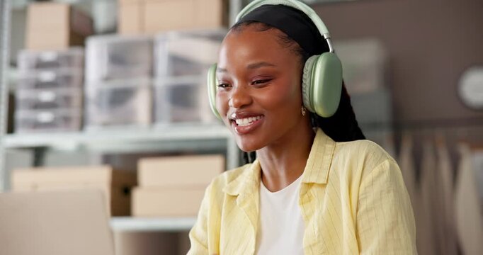 Video call, laptop and ecommerce with black woman and wave for courier order, delivery confirmation and contact. Supplier checklist, virtual chat and distribution logistics with person in factory