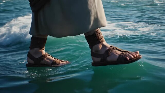 The feet of Jesus Christ in sandals are shown walking on the surface of the water in a depiction of the famous biblical miracle symbolizing faith and divine power
