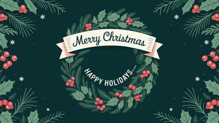 Festive merry christmas and happy holidays wreath with red berries and green pine needles on dark background