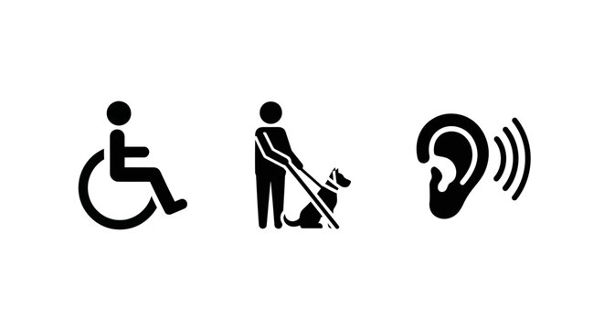 Accessibility symbols: disability, service dog, hearing impairment icons in minimalist design