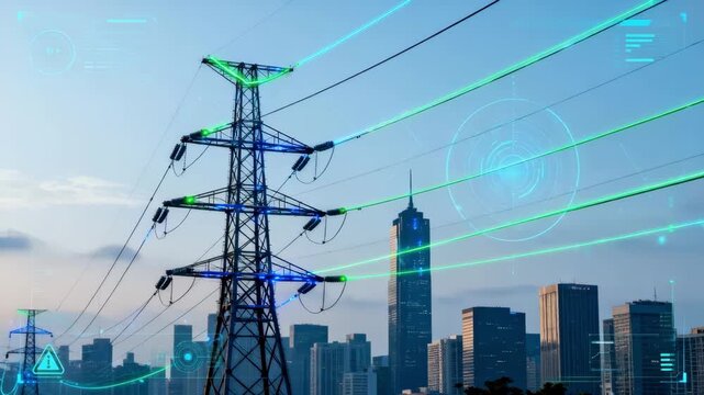 AIpowered grid fault analysis visual showing an AI system scanning urban power lines with digital overlays for realtime fault detection and prevention.