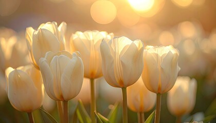 Obraz premium Close up of delicate white tulips bathed in warm golden sunlight during sunrise creating a soft bokeh effect and highlighting dew drops on petals