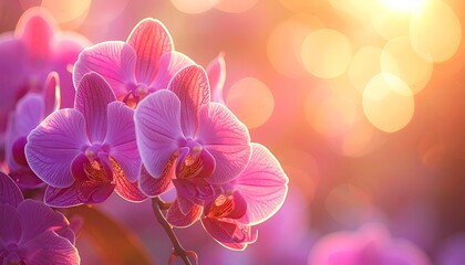 Close Up Of Pink Orchids With Soft Golden Sunlight And Bokeh Effect In The Background.
